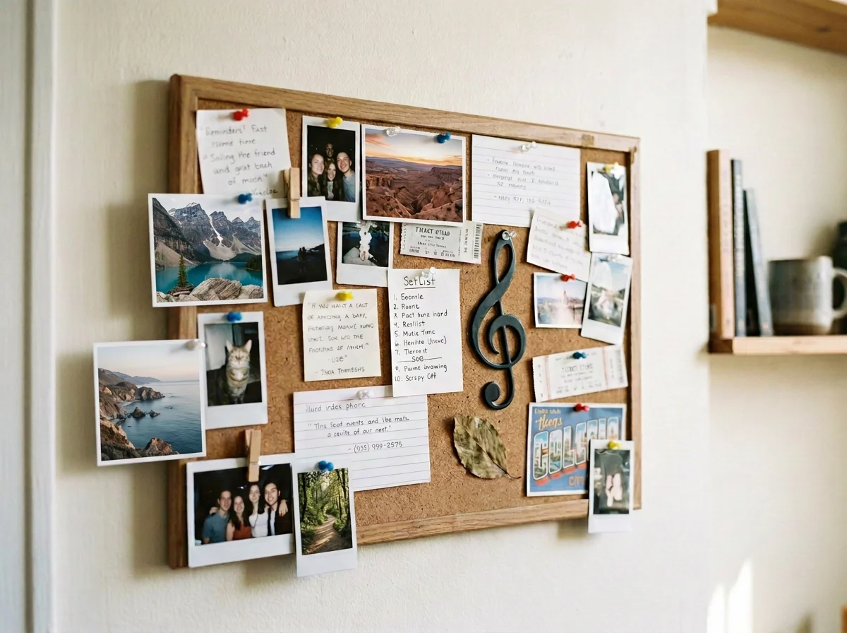 Corkboard displaying travel photos, handwritten notes, concert tickets, a playlist, and a treble clef decoration