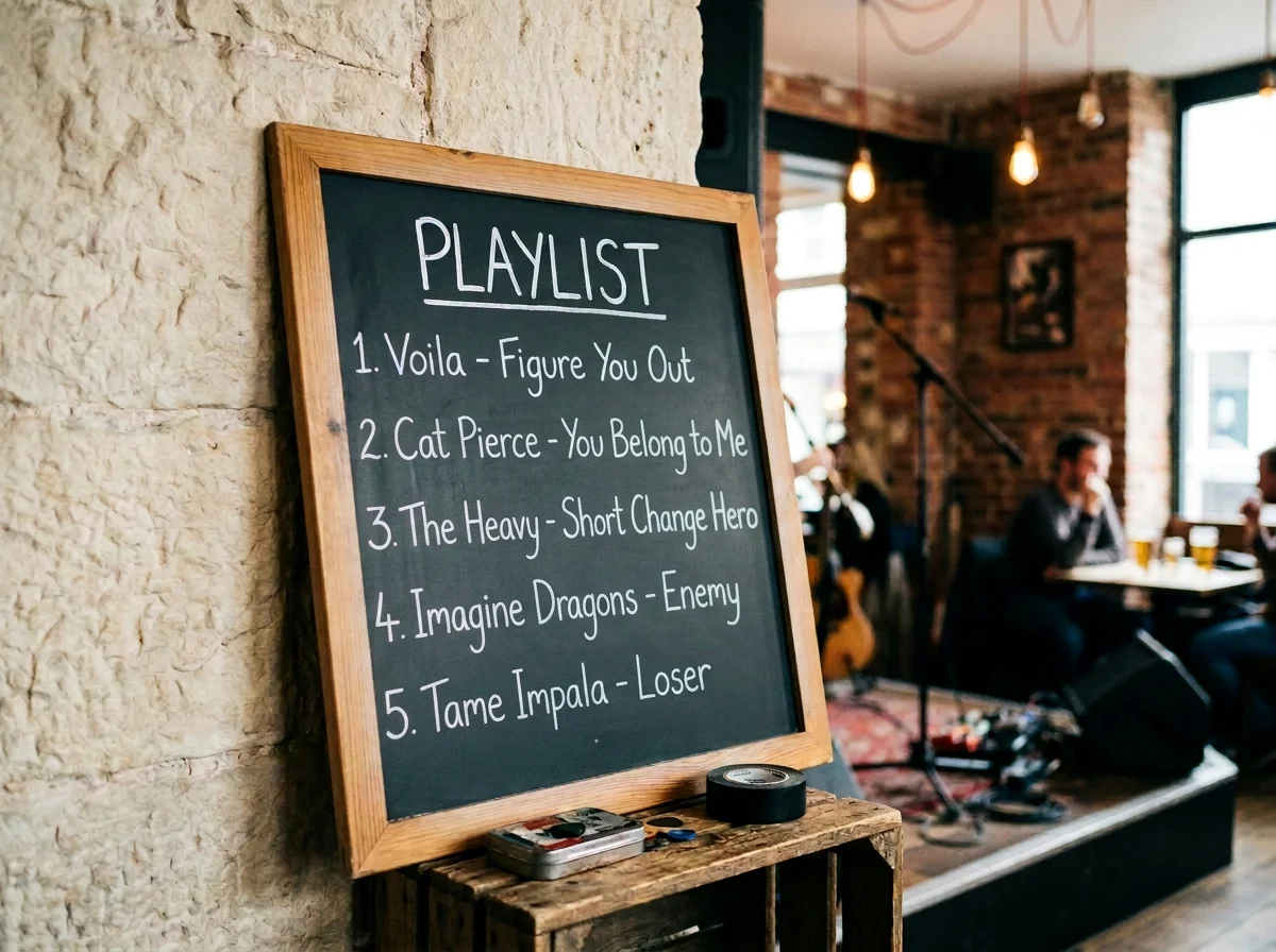 Chalkboard playlist sign displaying five songs in a cozy café or bar with a live musician performing in the background.