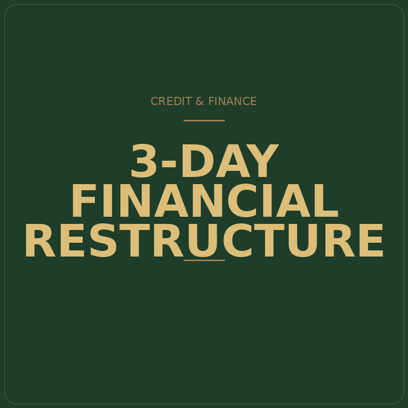 Green background with the text 'Credit & Finance: 3-Day Financial Restructure' in large beige letters.