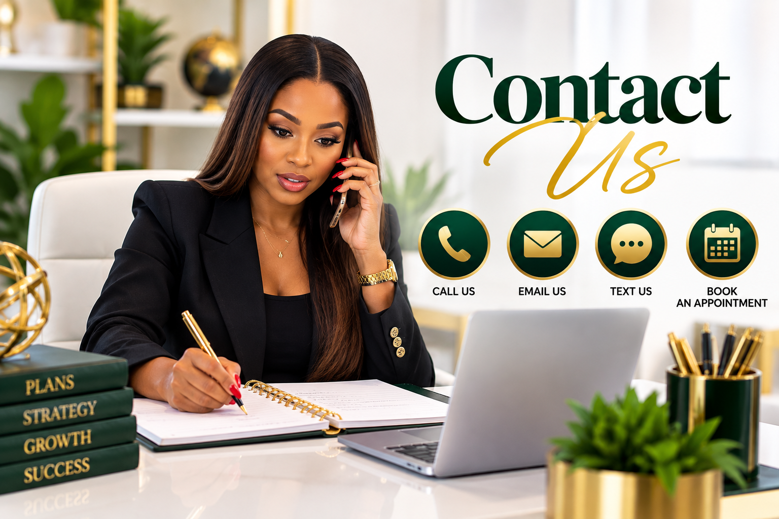 A woman sitting at a desk, on the phone, with contact information icons for calling, emailing, texting, and booking an appointment.
