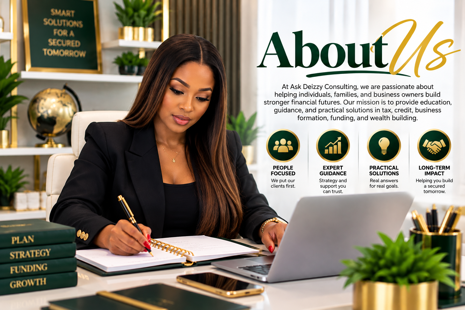 Businesswoman working at her desk with a laptop, notepad, and stacked folders labeled 'Plan,' 'Strategy,' 'Funding,' and 'Growth.' Behind her are plants and decorative objects. The right side of the image displays an 'About Us' section for a consulting company with icons and descriptions of their services.
