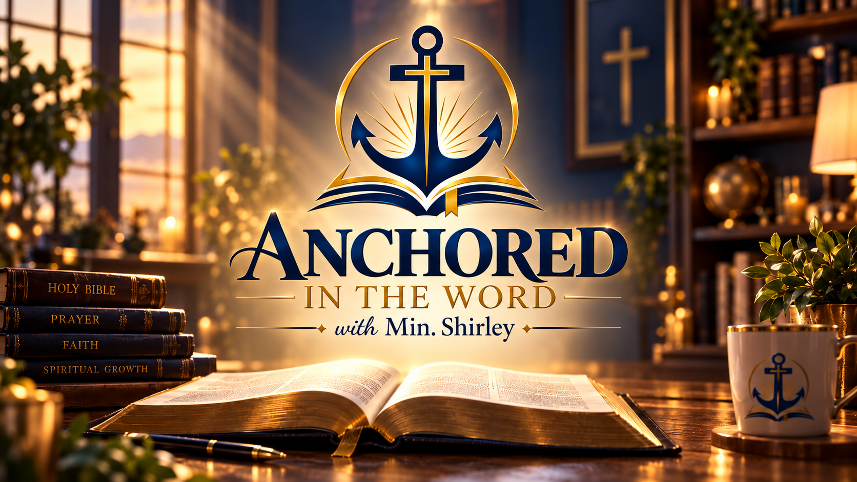 Anchored In The Word artwork featuring Min. Shirley studying the Bible.