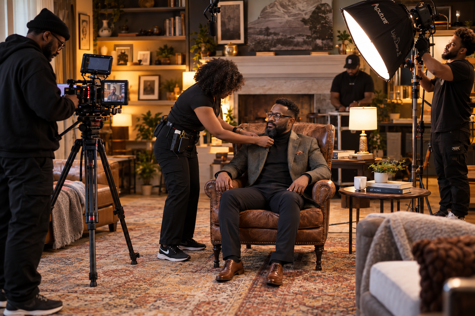 A crew member fits a microphone on a seated interview guest as a camera operator and lighting technician prepare the set.