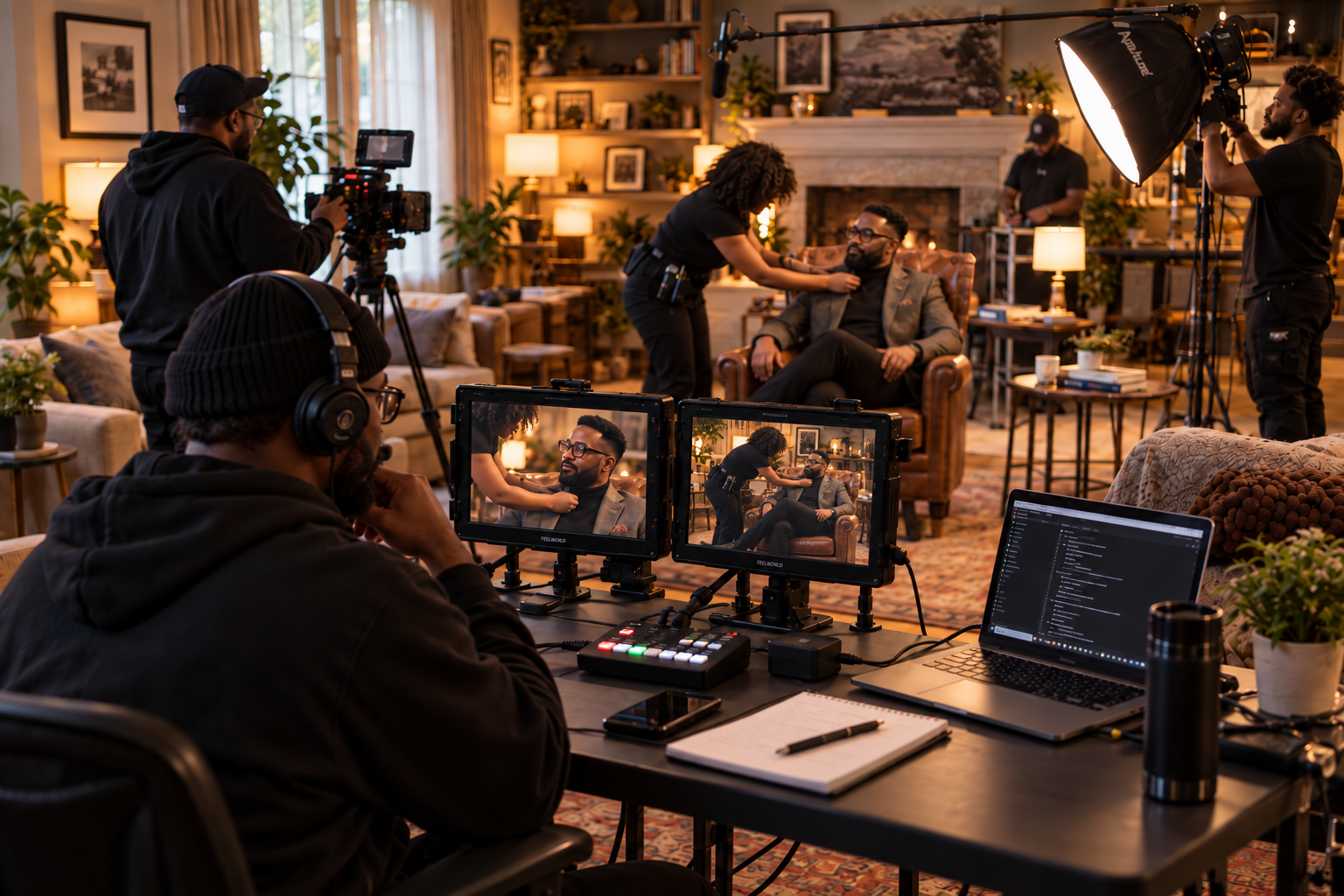 A director monitors an interview while a production crew prepares a seated guest in a warm living room studio.