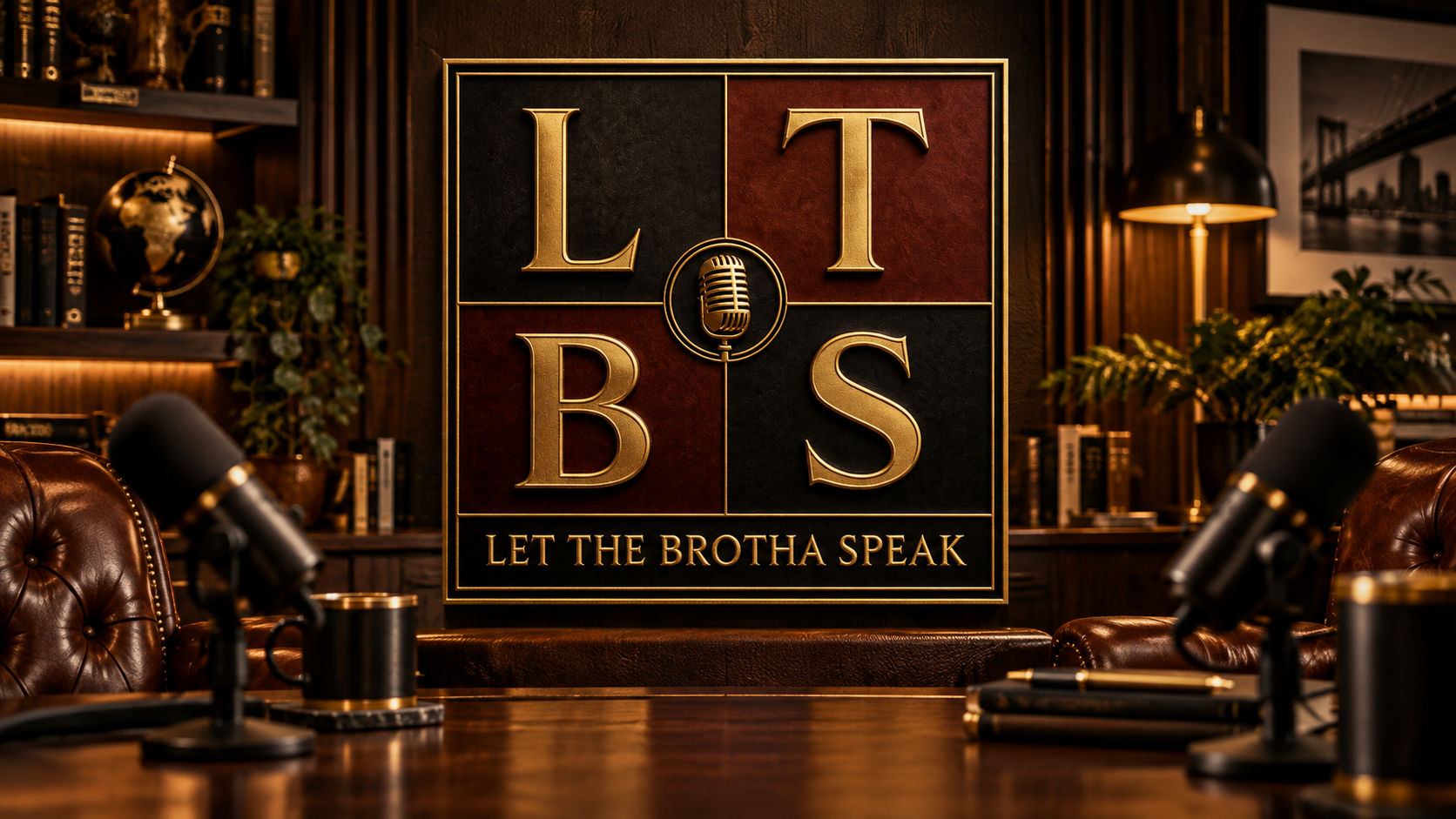 Let The Brotha Speak gold emblem in a warmly lit podcast studio with microphones and leather chairs.
