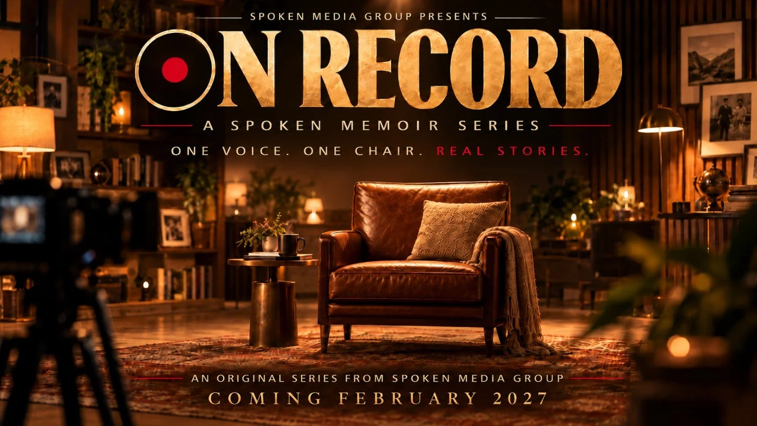 On Record: A Spoken Memoir Series. Warm studio chair artwork. Coming February 2027.
