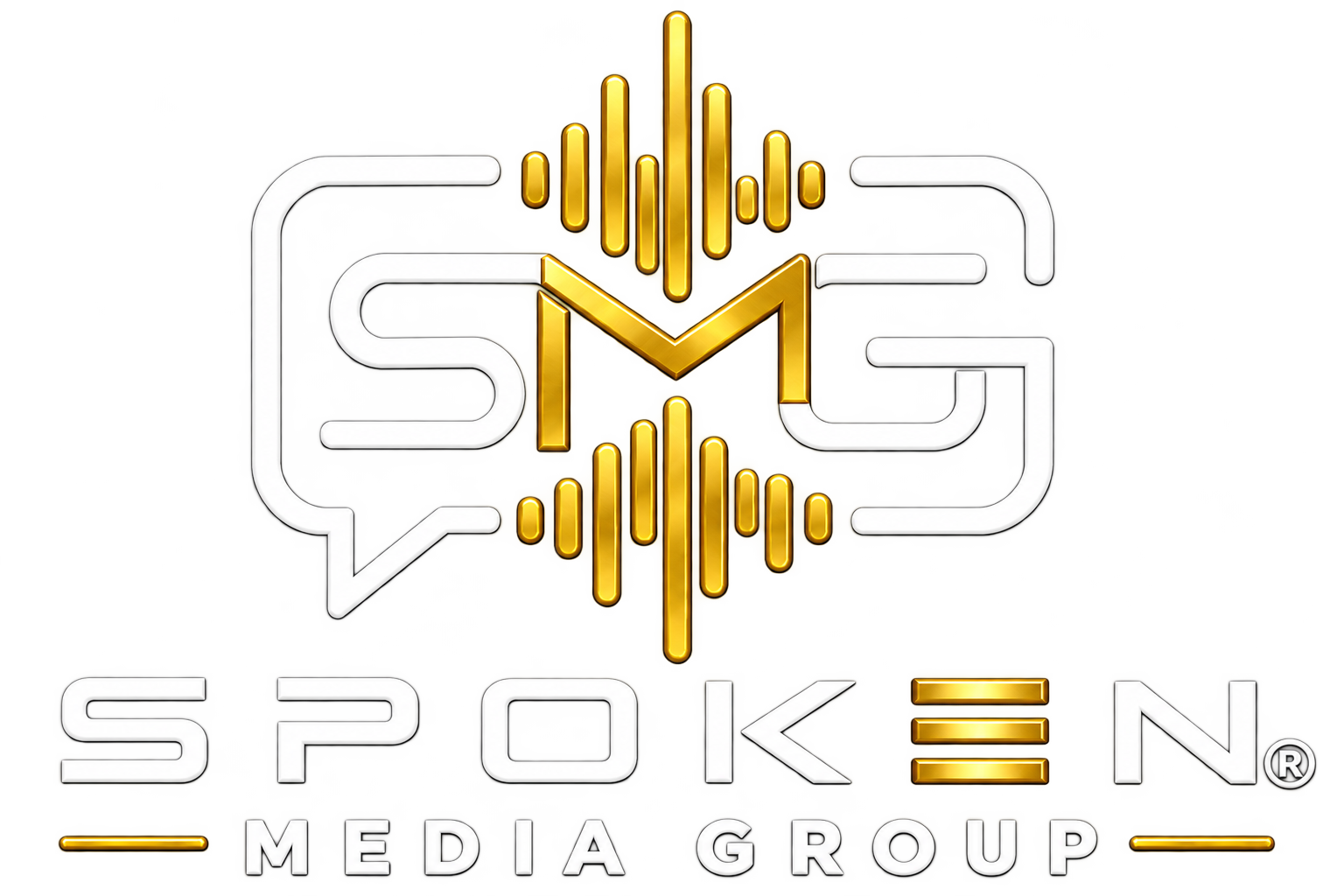 Spoken Media Group logo with a white and gold SMG emblem and gold sound waves.