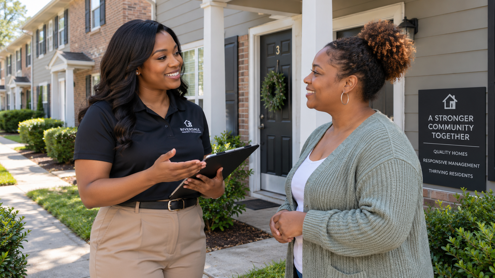 A real estate agent and a customer talking outside a residential building. The agent is holding a clipboard and smiling, while the customer is listening. The background shows a row of townhouses and a sign that reads 'A stronger community together' with additional text about quality homes, responsive management, and thriving residents.