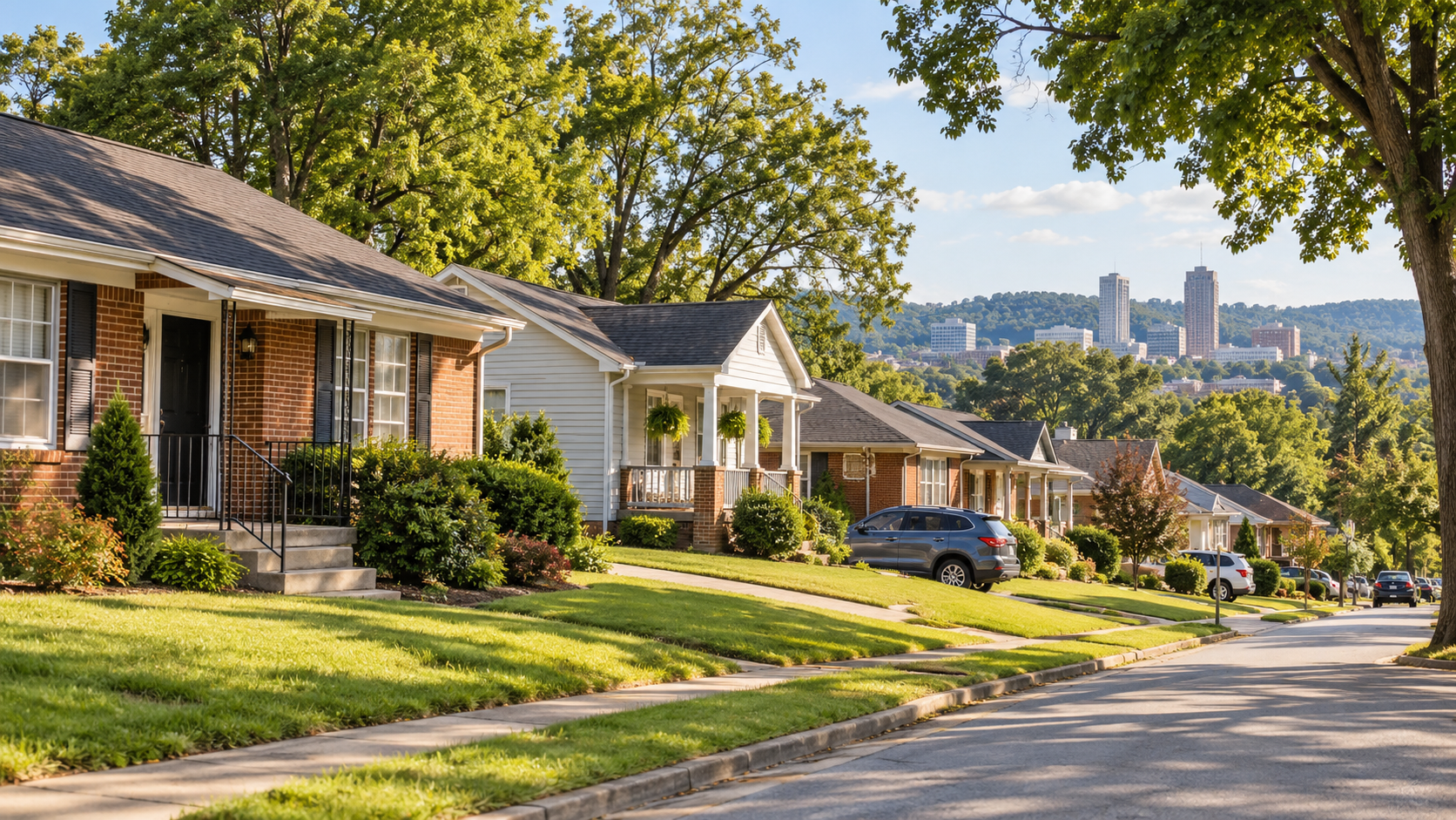 Suburban neighborhood with row of houses, manicured lawns, parked cars, large trees, and city skyline in the background on a sunny day.