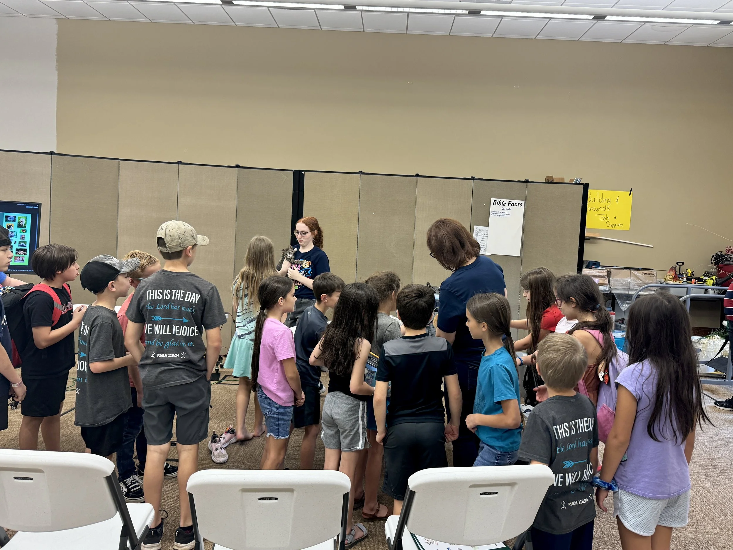A group of children and a woman holding a small kitten gathered in a room with beige walls and a high ceiling. There are chairs, a poster on the wall, and various items on a table in the background.