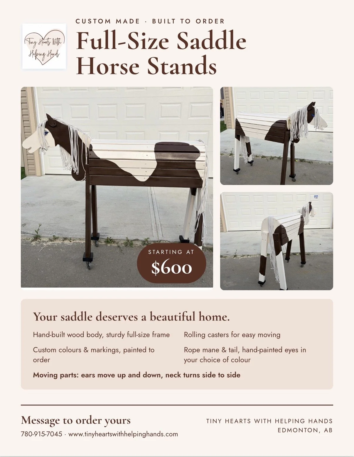 A flyer advertising full-size saddle horse stands with a hand-painted brown and white pattern, priced starting at $600, featuring multiple images and details about its construction and customization.
