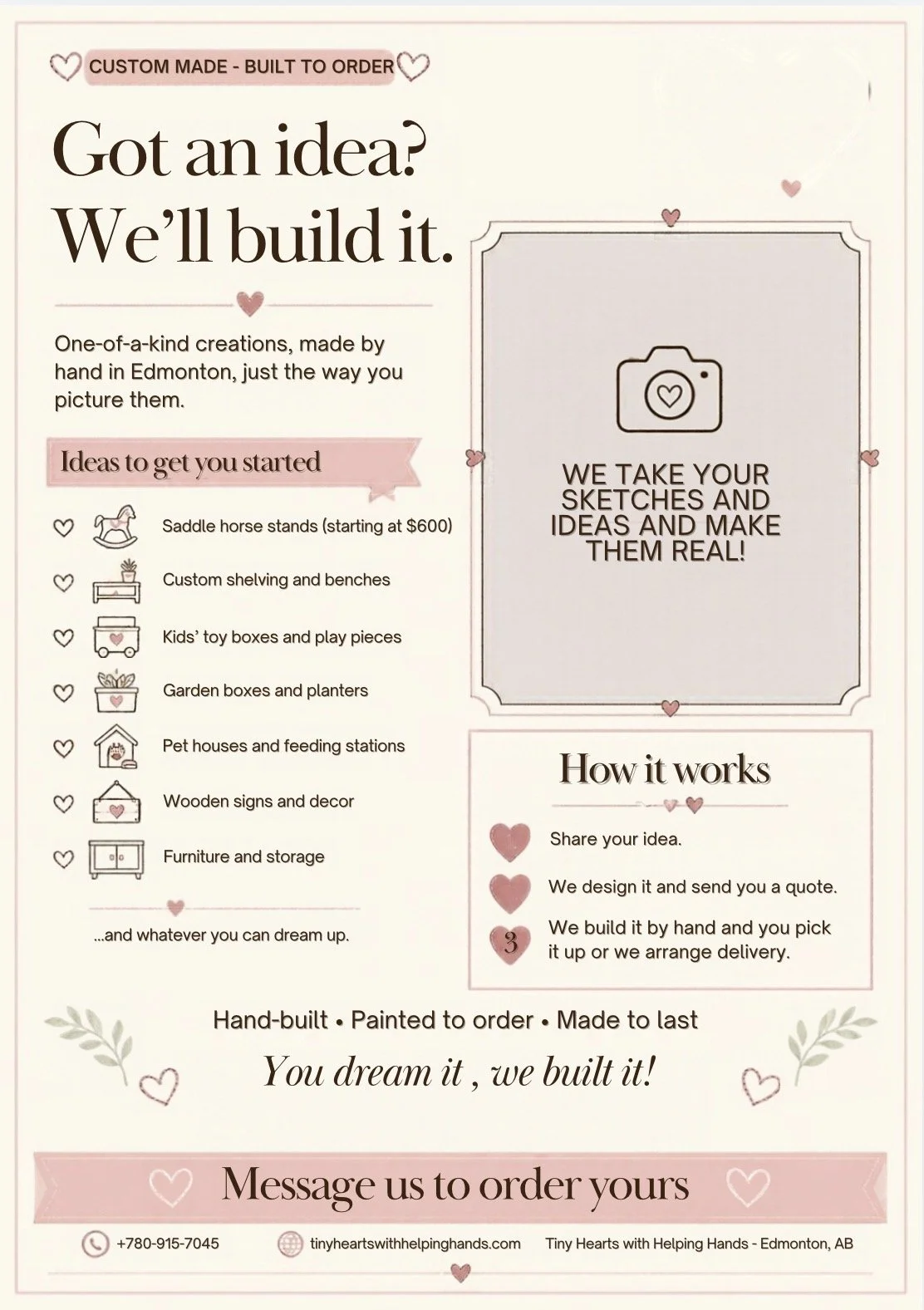 A flyer for custom handmade wood creations, with headings about building ideas, how it works, and contact information. The flyer features icons of a camera and houses, hearts, and decorative elements like leaves and hearts, all in a pastel pink and cream color scheme.