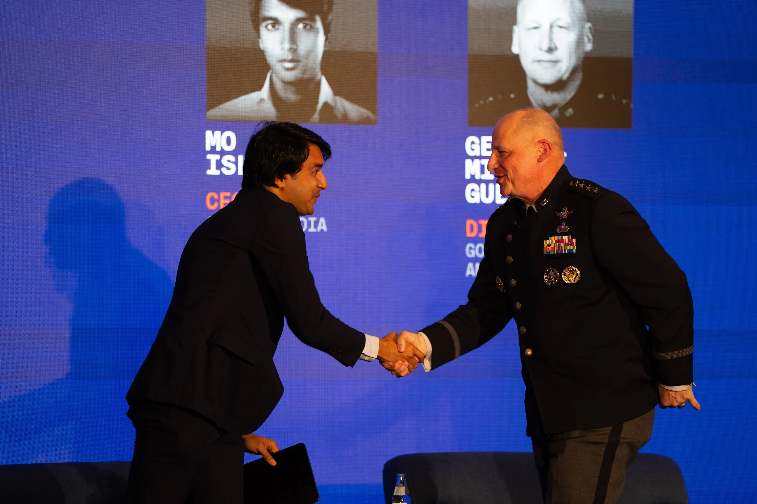 Arkaea Media Group founder Mo Islam shaking hands with Gen. Michael Guetlein of the U.S. Space Force at Inside the Dome. Photo by Anthony DiFlorio, Built Media