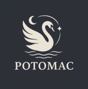 Potomac logo featuring a stylized white swan, crescent moon, stars, and waves