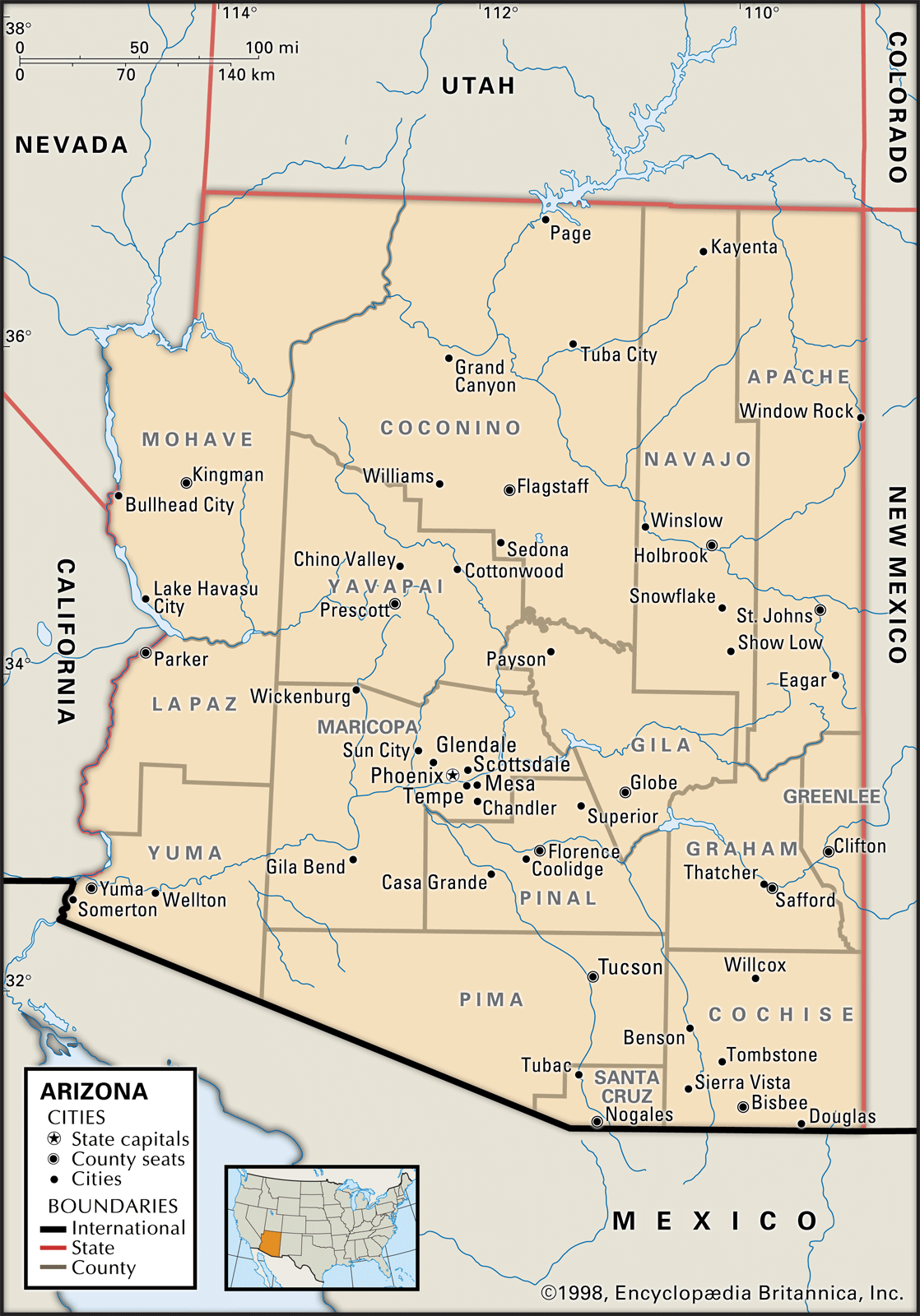 Map of Arizona showing state boundaries, county boundaries, key cities, state capitals, with a small inset map of the United States highlighting Arizona.