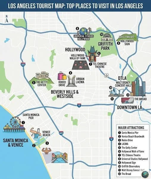 A map of Los Angeles highlighting top tourist attractions including Santa Monica Pier, Venice Beach, Universal Studios Hollywood, Griffith Park, Hollywood Sign, TCL Chinese Theatre, Dolby Theatre, Walt Disney Concert Hall, The Broad, Downtown LA, The Getty Center, Rodeo Drive, Beverly Hills, and Hollywood.