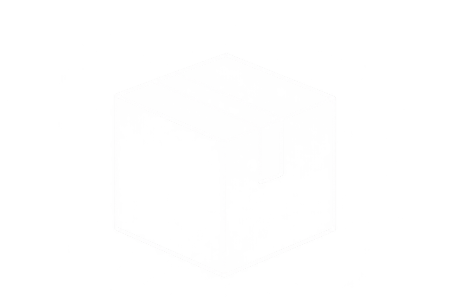 A glowing, white, three-dimensional cube with transparent sides and illuminated edges, floating against a black background.