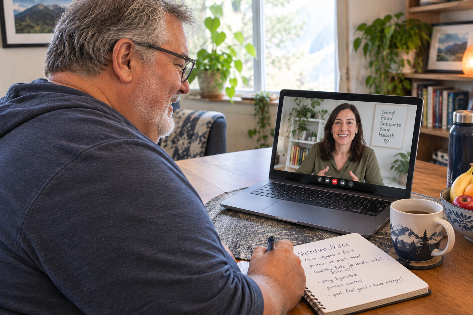 Older man taking nutrition notes during a virtual health consultation on a laptop