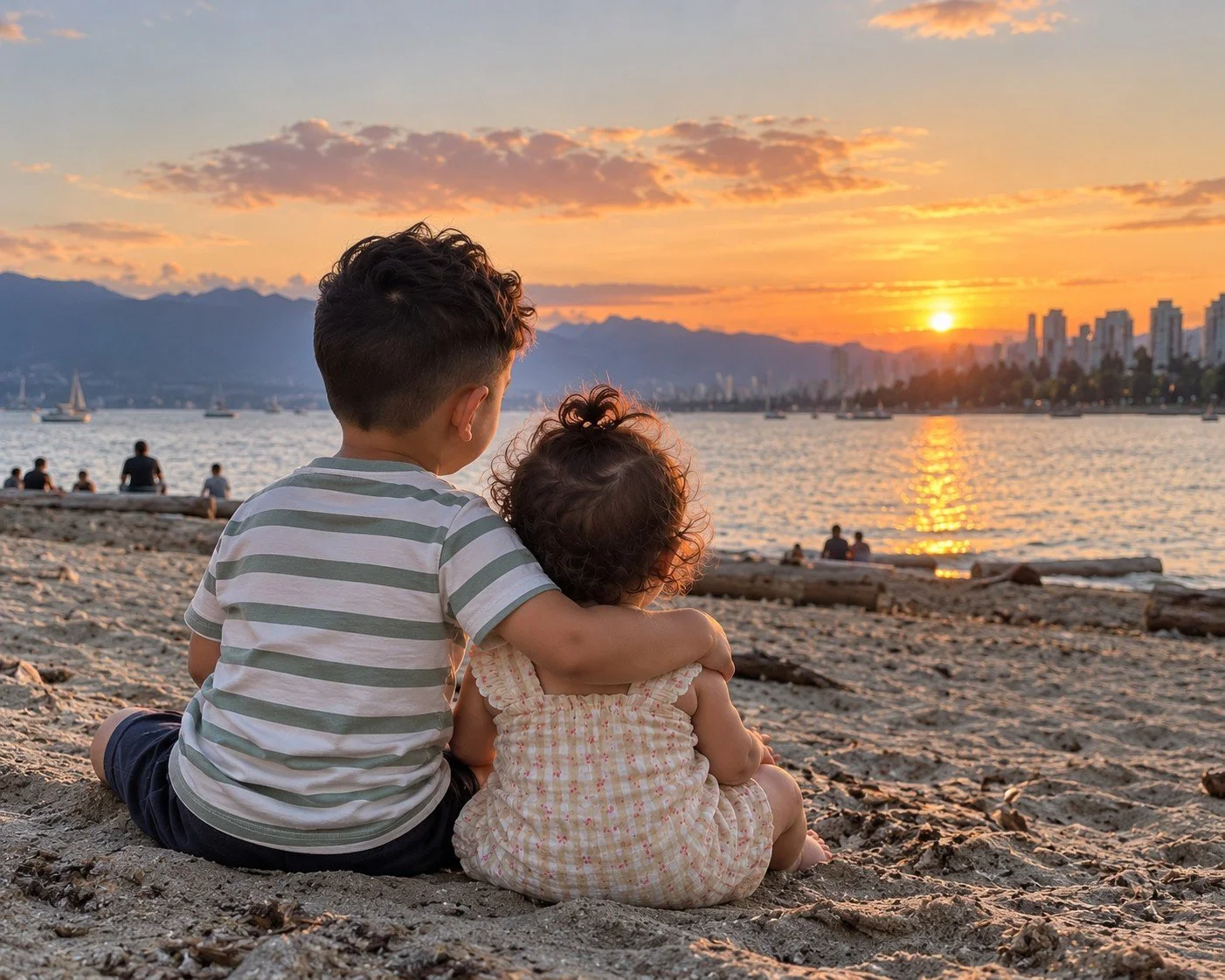 Two children on a Vancouver beach at sunset