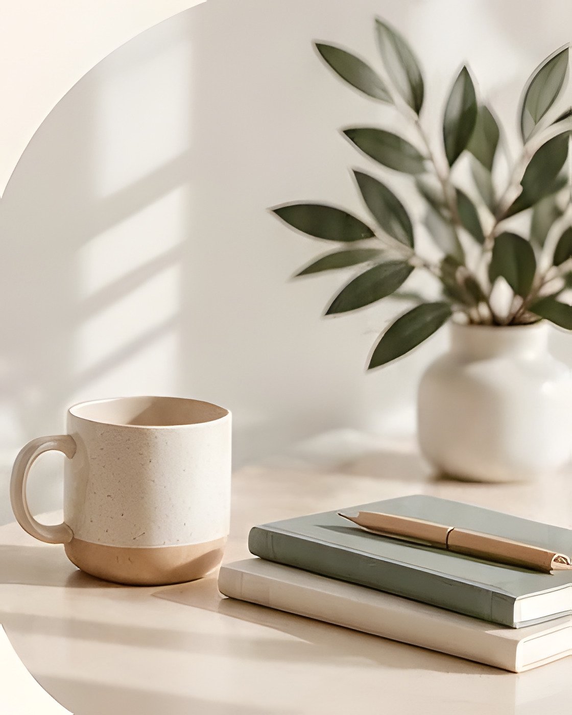 Mug, notebooks and a plant on a sunlit table