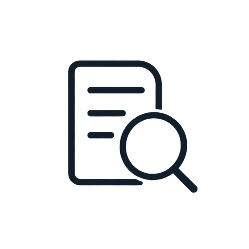 Icon of a document with a magnifying glass over it, indicating search or review.
