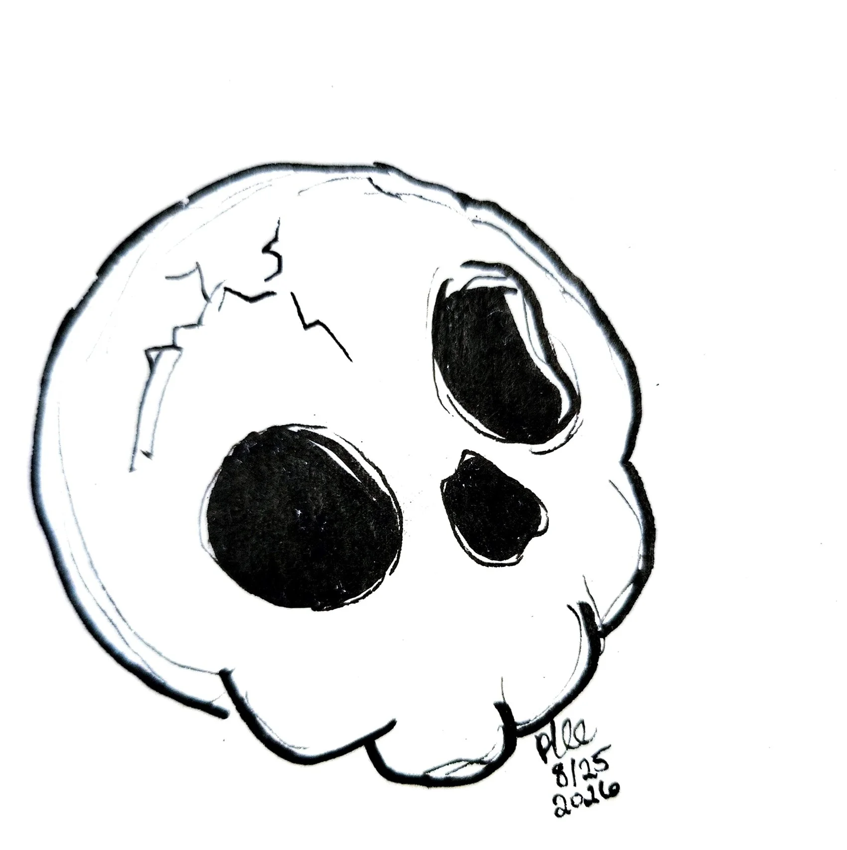 Black and white drawing of a skull with large eye sockets and cracks, with the artist’s signature and date '8/25 2016' in the lower right corner.