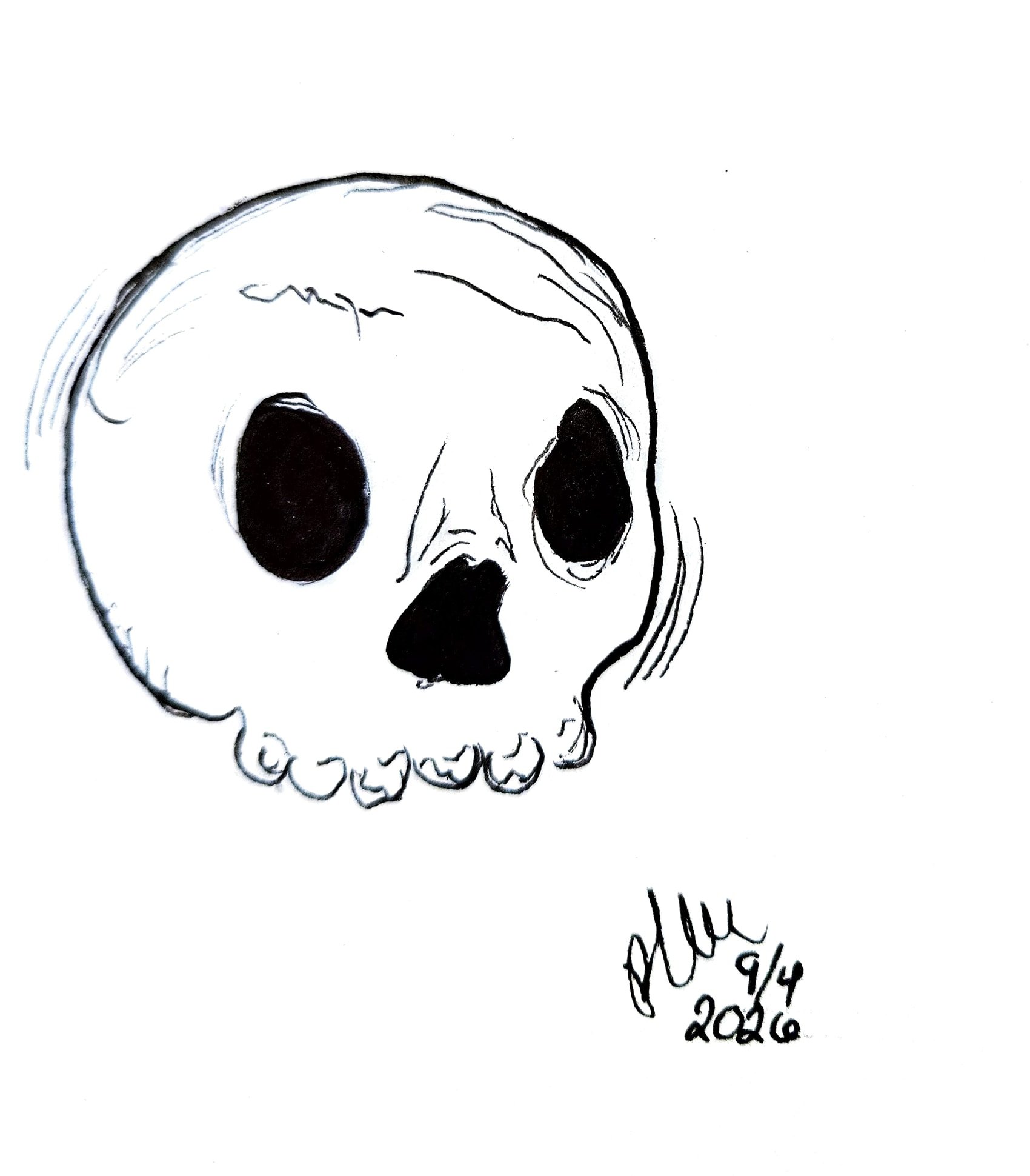 Black ink sketch of a human skull with detailed shading, signed by the artist in the bottom right corner with the date '9/4/2020'.