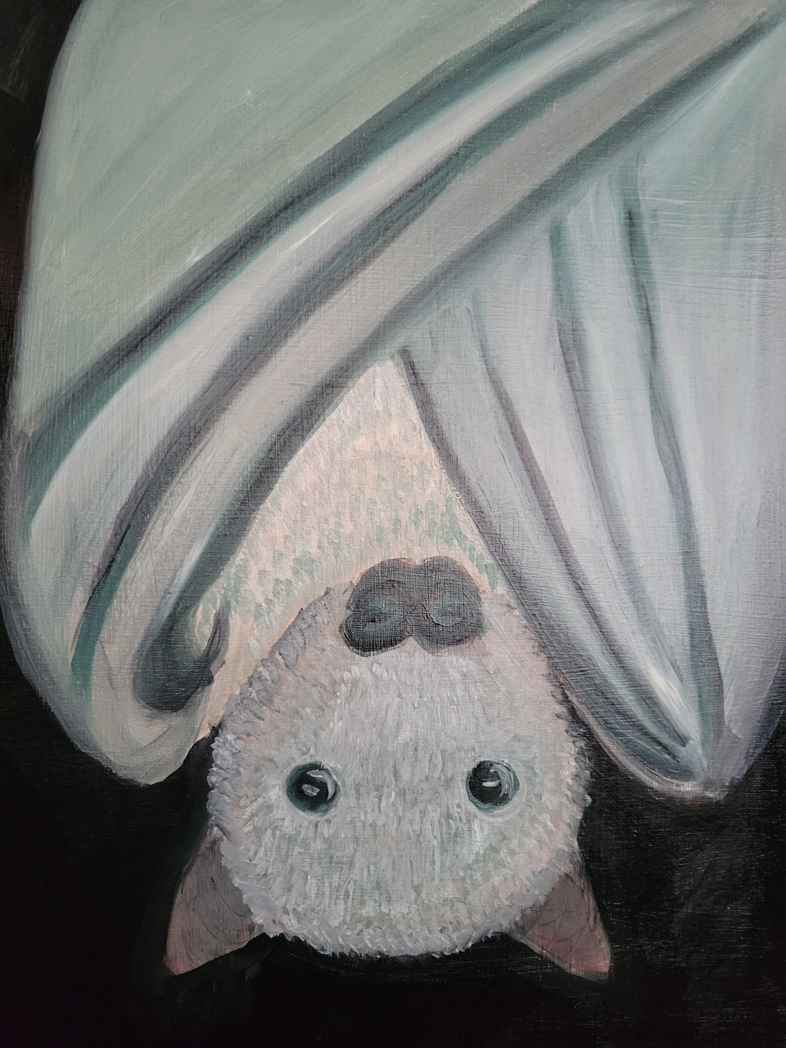 Close-up of a snowman with black eyes, a smile, and a textured white body, surrounded by dark background.