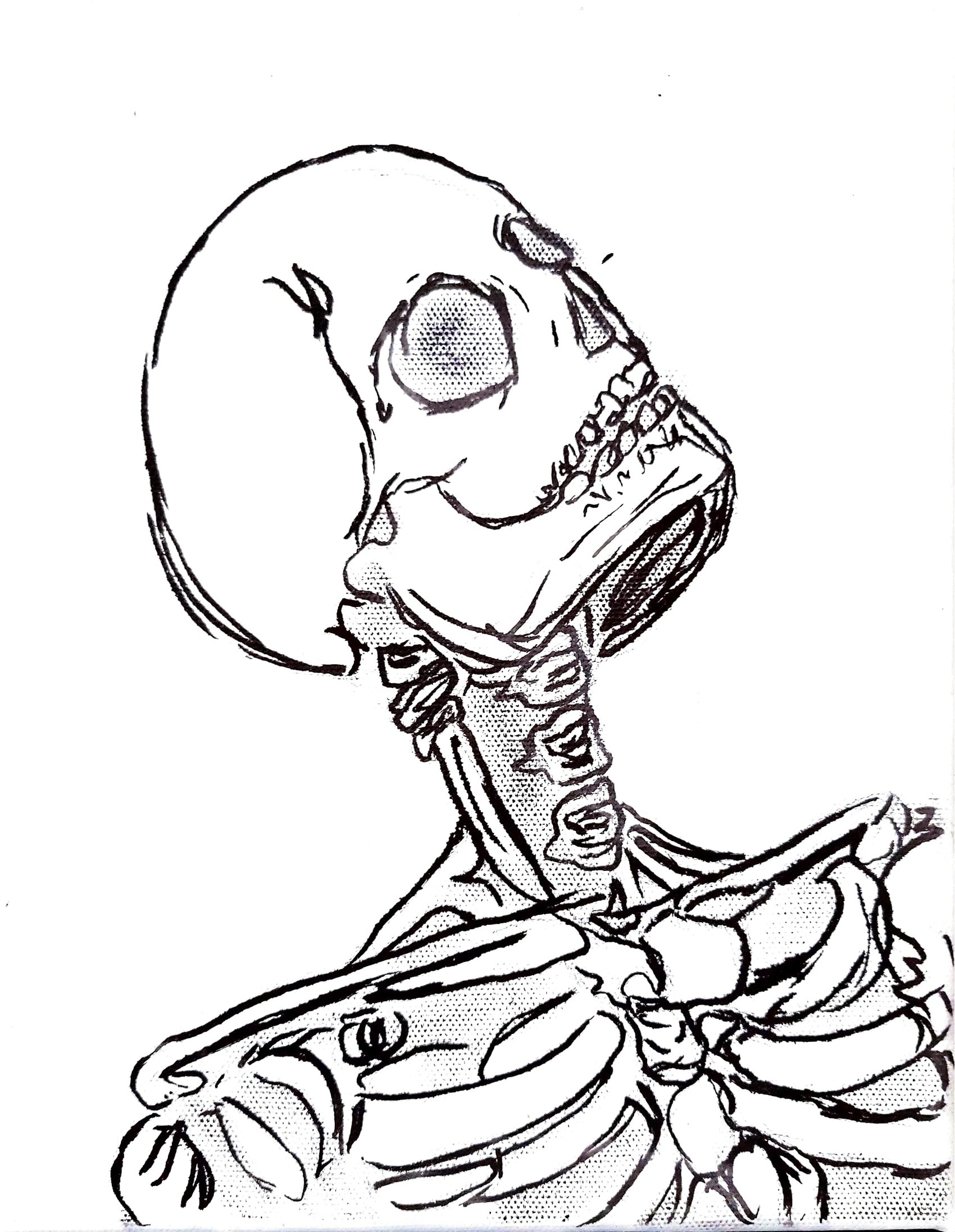 Black and white drawing of a human skull with a snake wrapped around it, with detailed lines and shading.
