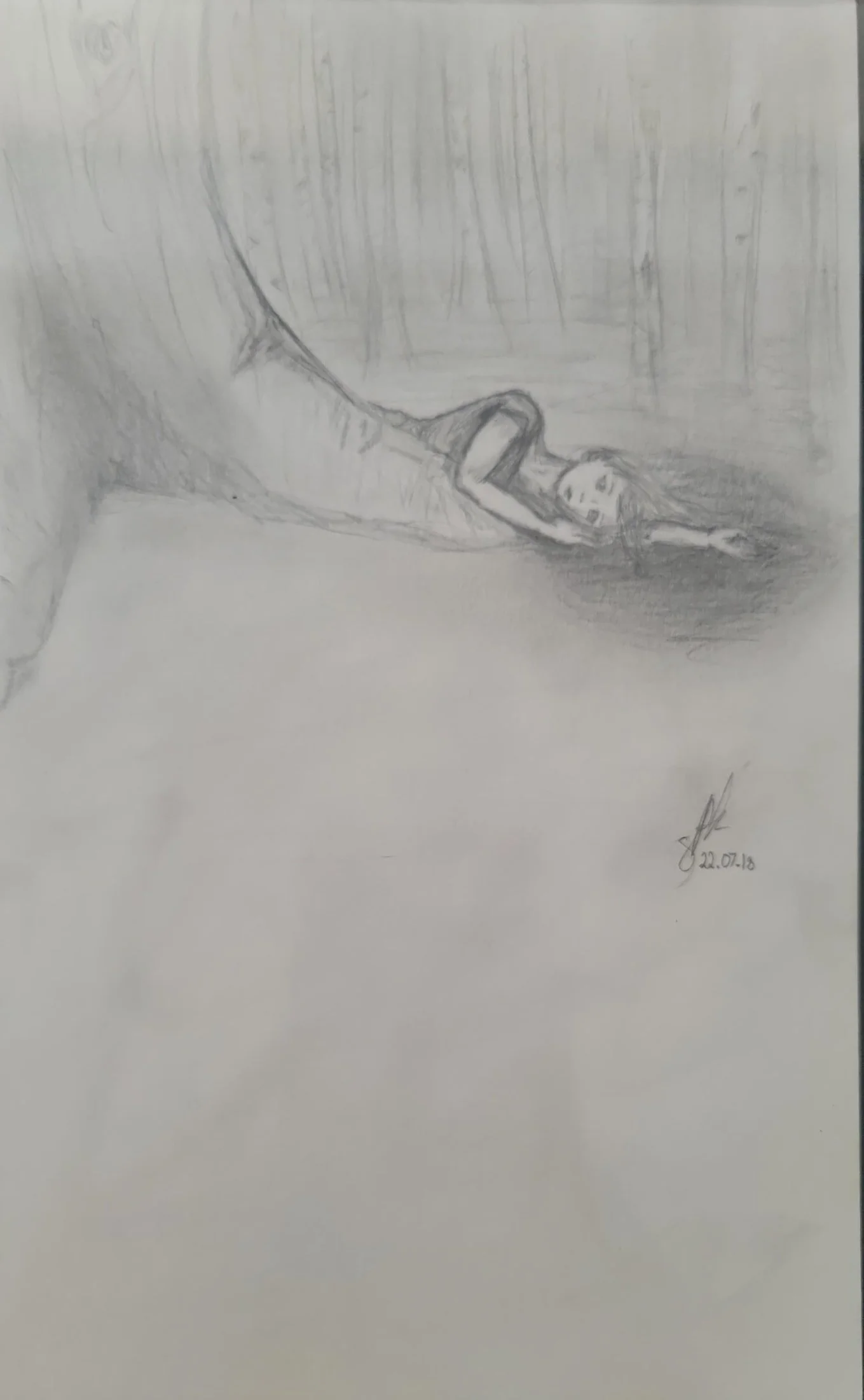 A pencil sketch of a young girl lying on her side, resting her head on her arm, with long hair spread out on the surface. The background features vertical lines resembling a wooden wall. The drawing is signed with initials and dated 22.07.18.