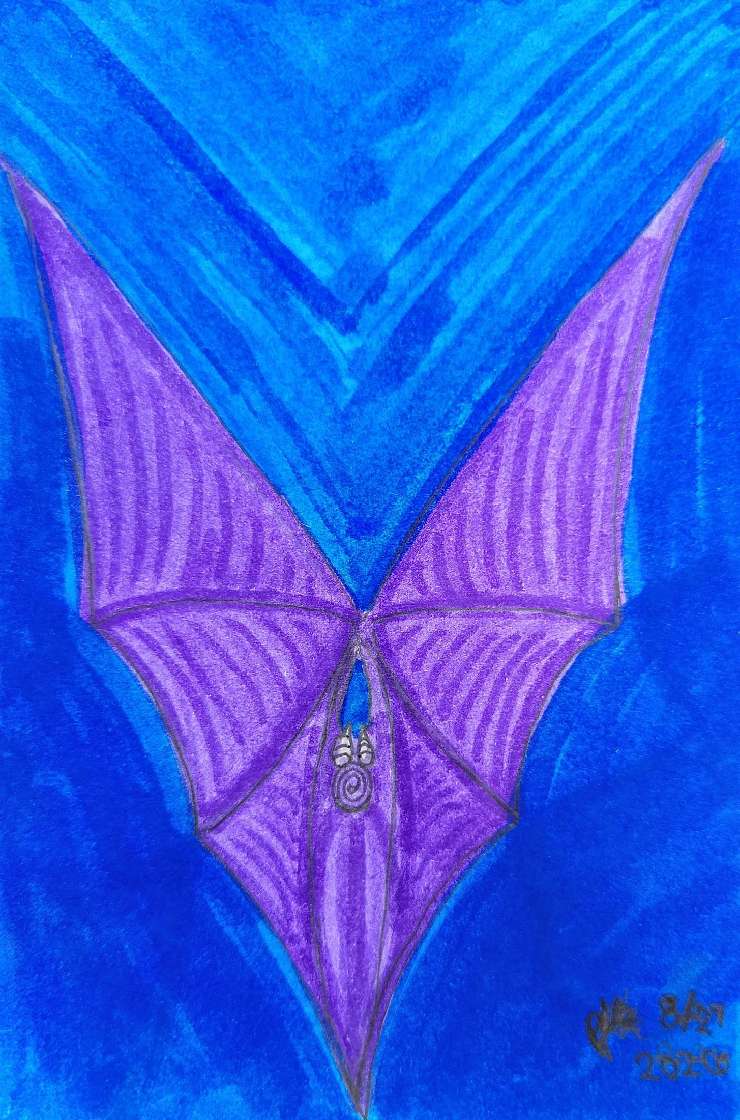 A colorful drawing of a purple and blue butterfly with detailed wings on a vibrant blue background.