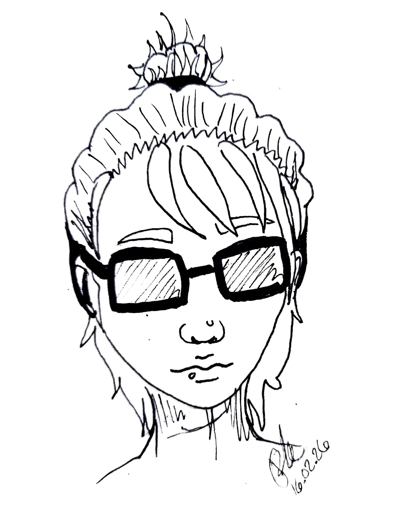 Black and white line drawing of a person wearing sunglasses, with short hair, a nose piercing, and a neutral expression. The drawing is signed with a date. The artist's signature is partially visible.