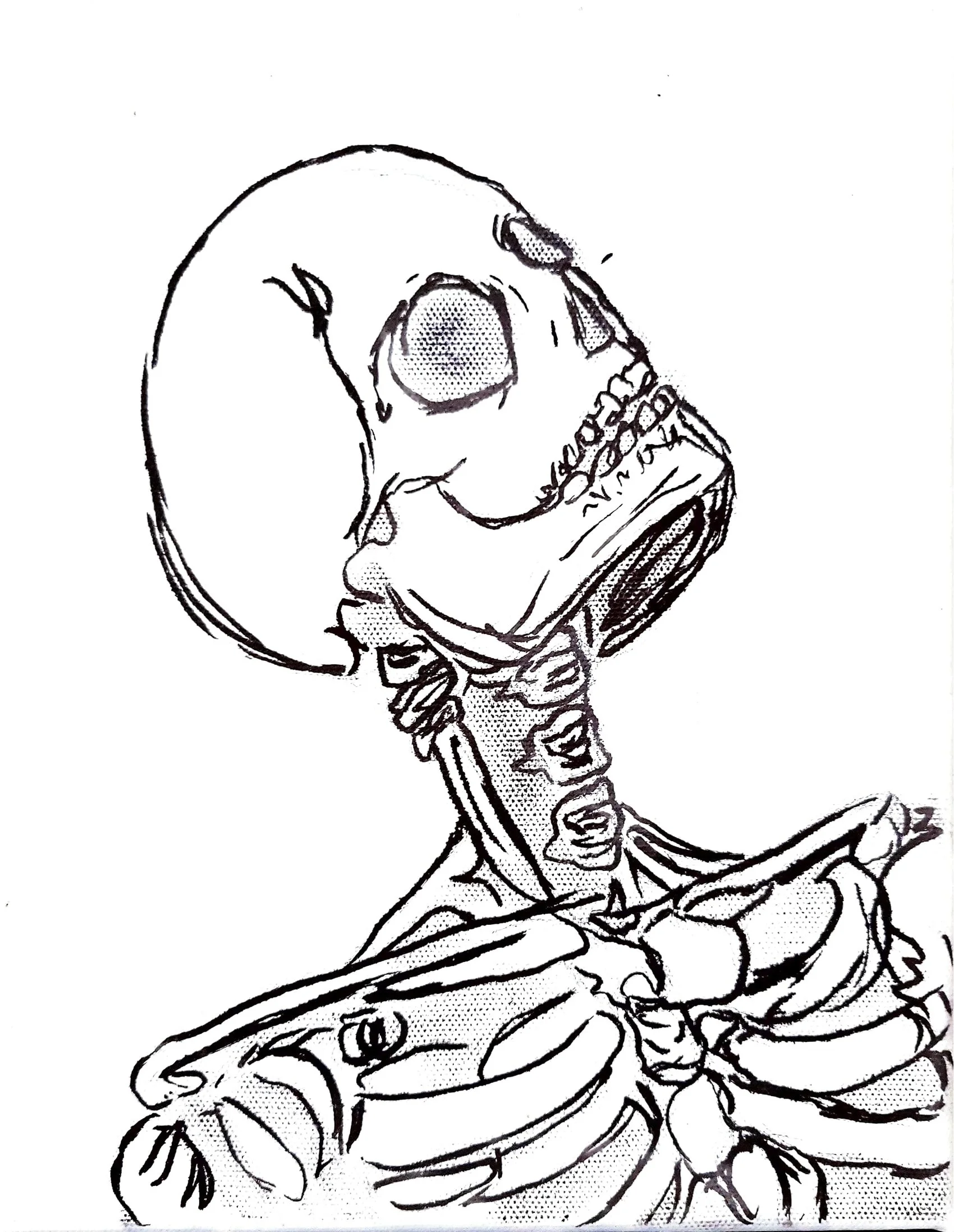 Sketch of a seated woman with one leg crossed over the other, wearing a long dress with floral patterns, her hair tied back, and her head resting on her hand.