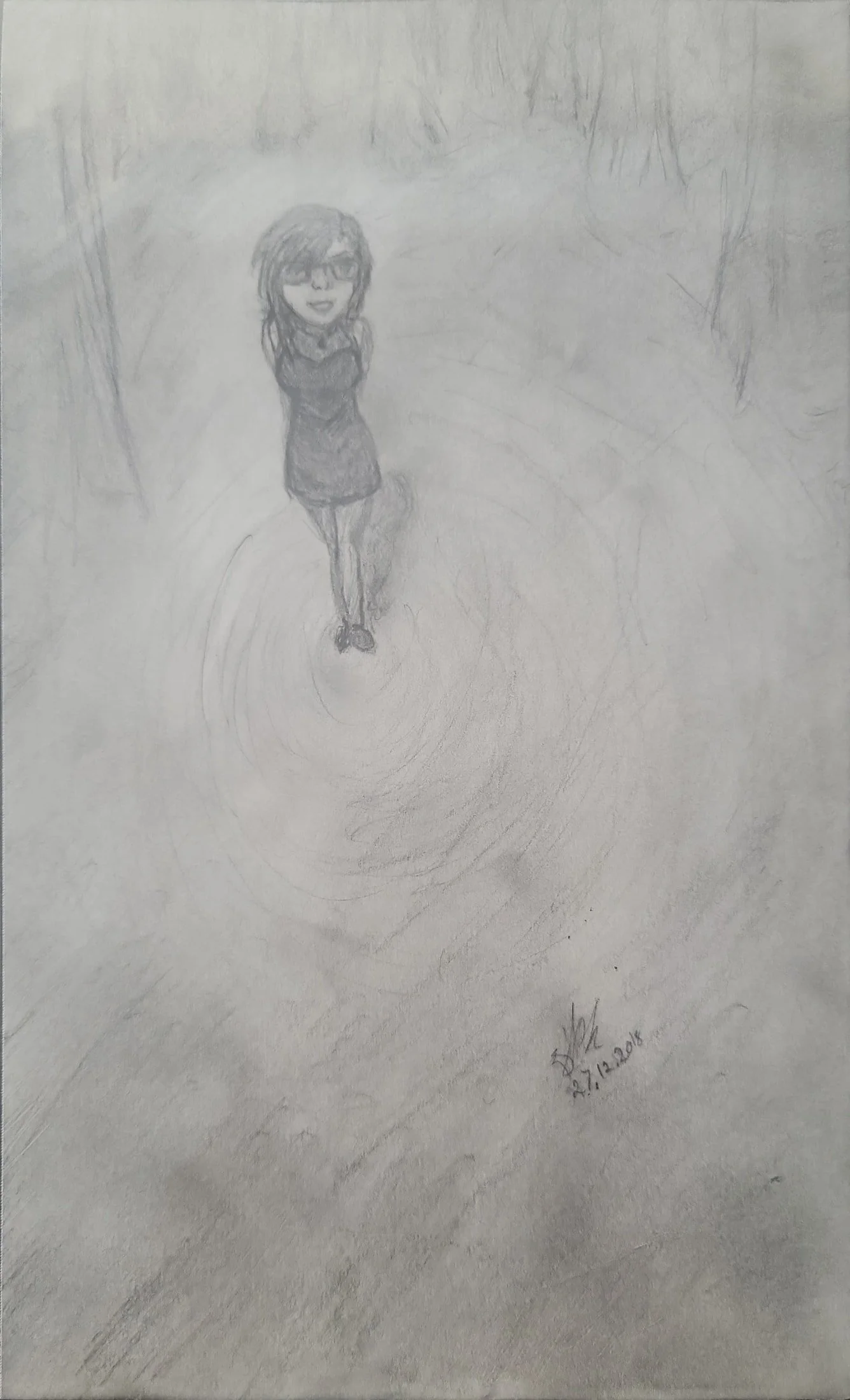 A pencil sketch of a woman with glasses, smiling, wearing a dress, standing in a forested area with trees around her. The sketch is dated December 27, 2016.