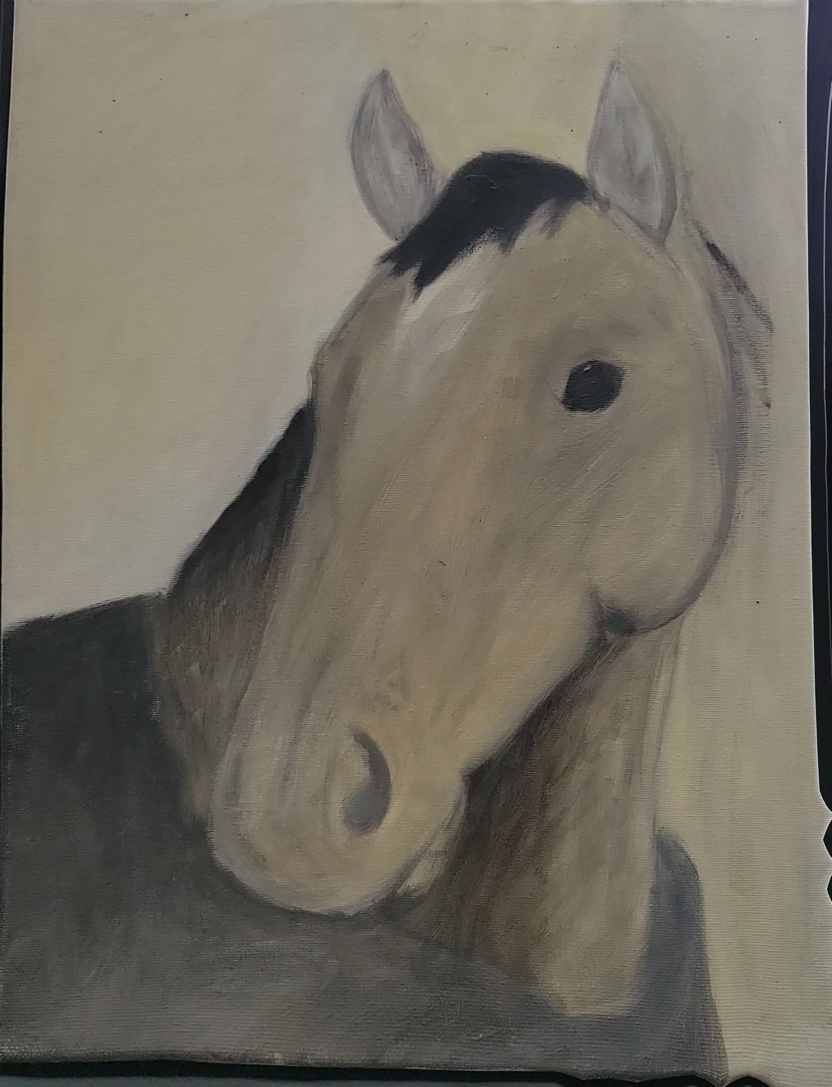 A painted portrait of a horse's head, with a focus on the eye, ears, and mane, rendered in a realistic style with shades of black, white, and grey.