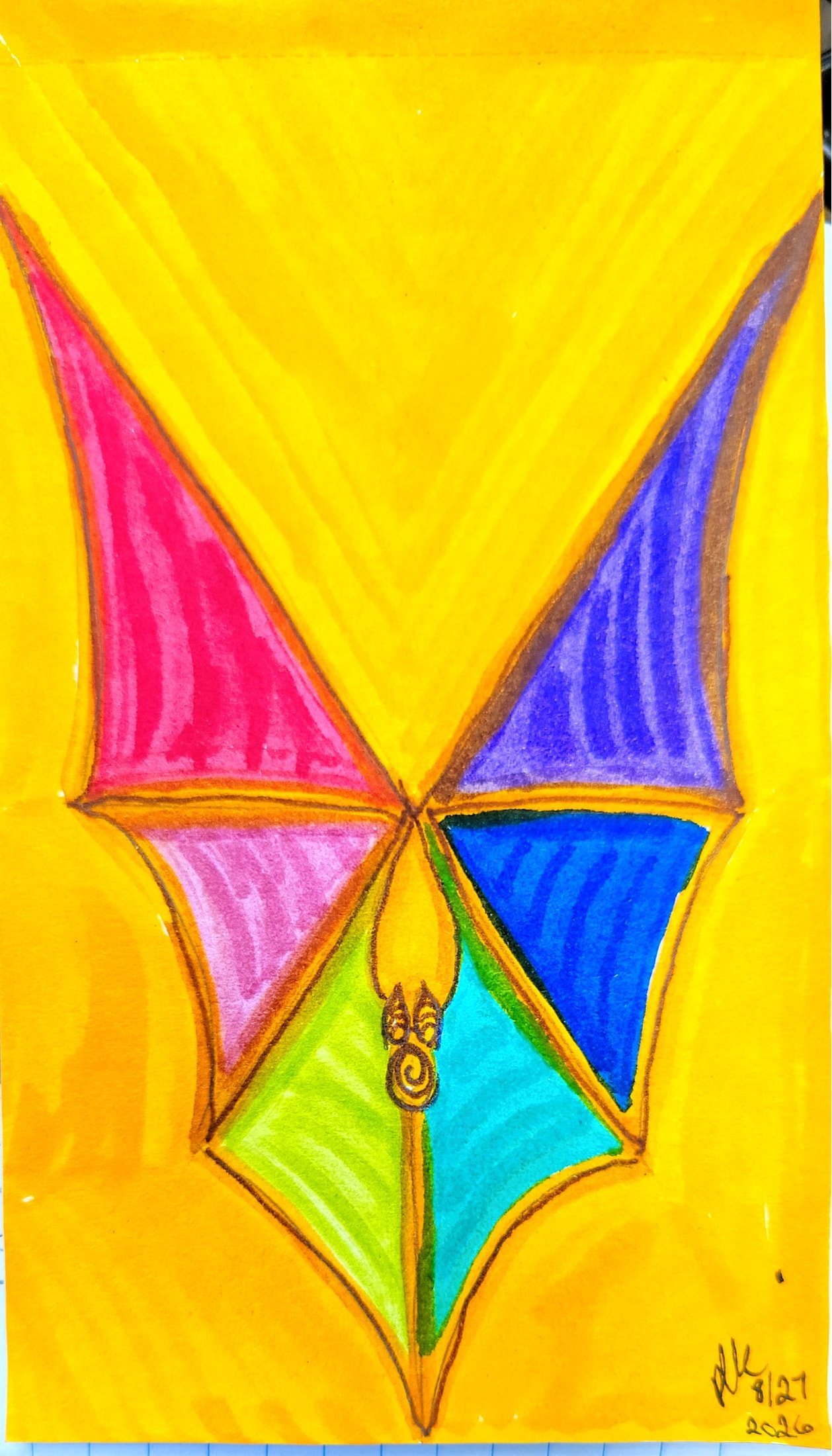Colorful geometric kite drawing with a tail, set against a yellow background.