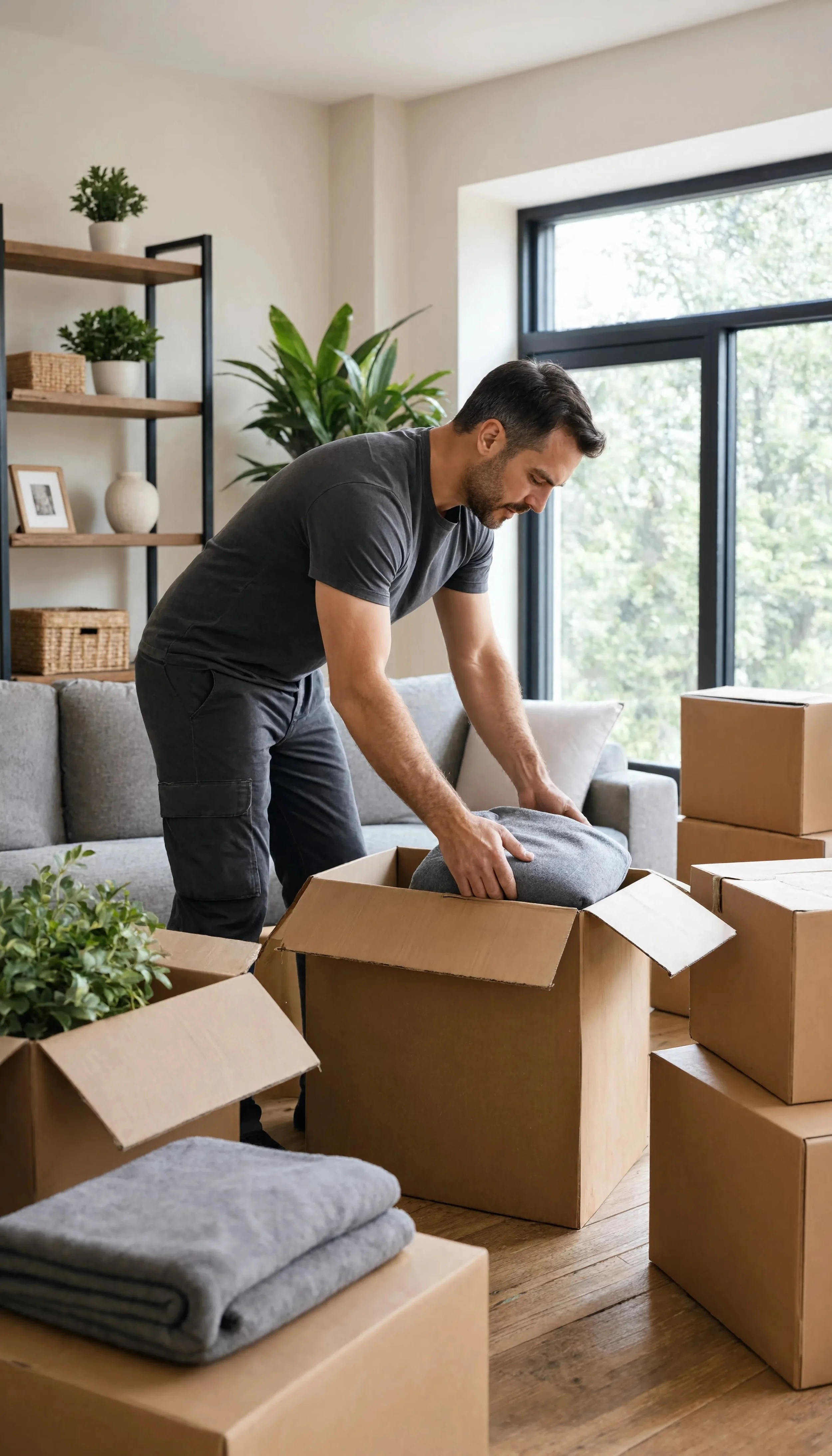 A man packing clothes into boxes in a living room with large windows and houseplants.