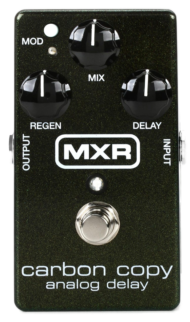 Guitar effects pedal labeled 'MXR carbon copy analog delay' with three control knobs labeled 'MOD,' 'REGEN,' and 'DELAY,' a footswitch at the bottom, and input/output jacks on the sides.