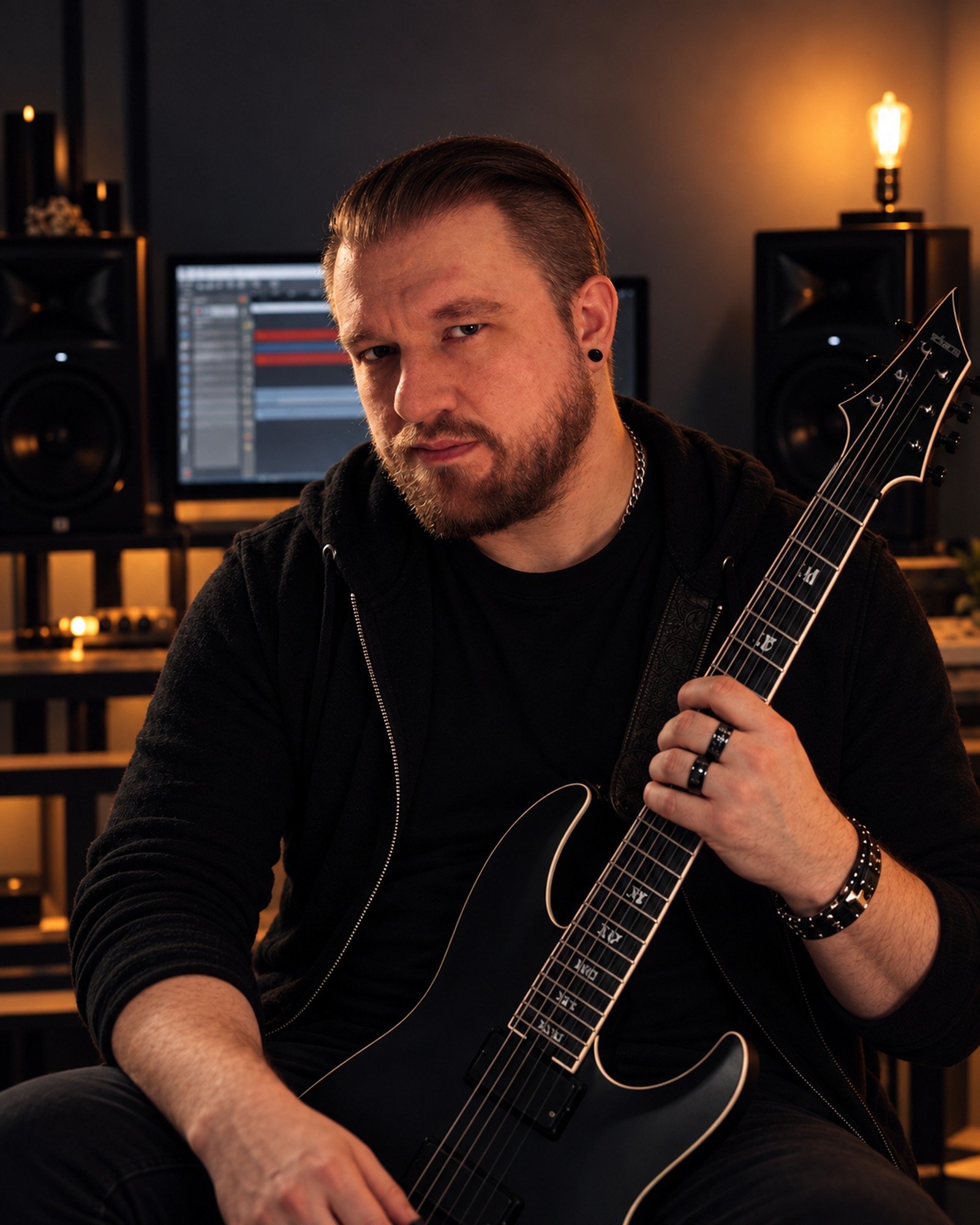 Justin Horner holding an electric guitar in a recording studio, with audio equipment and a computer monitor in the background, illuminated by a warm light.