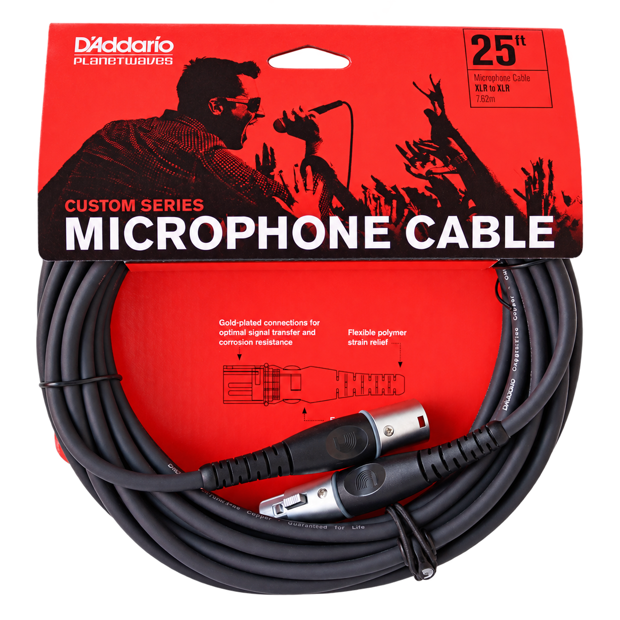 A 25-foot black microphone cable with silver connectors on each end, packaged in red and black packaging with an illustration of a person singing into a microphone and an audience. The packaging indicates it is from the D'Addario Planet Waves brand, part of the Custom Series, suitable for XLR to XLR connections, and features gold-plated connections and flexible polymer strain relief.