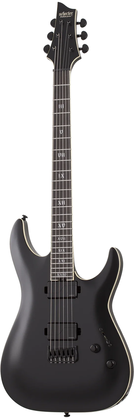 Black electric guitar with a double-cutaway body, two pickups, a volume knob, and a tone knob, featuring a six-string neck, and a headstock with tuning pegs, branded 'Schecter'.