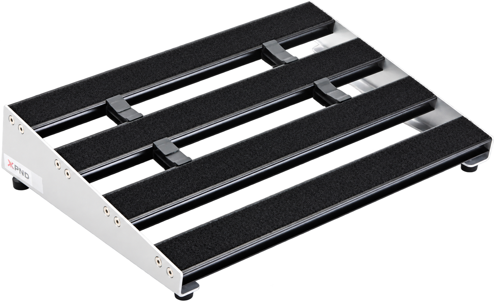 A black and silver metal skateboard wheel riser with four black foam strips and three black support bars.