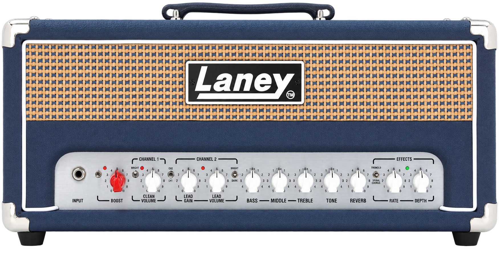A Laney guitar amplifier with a navy blue exterior, a woven front grill, and various control knobs and switches on the front panel.