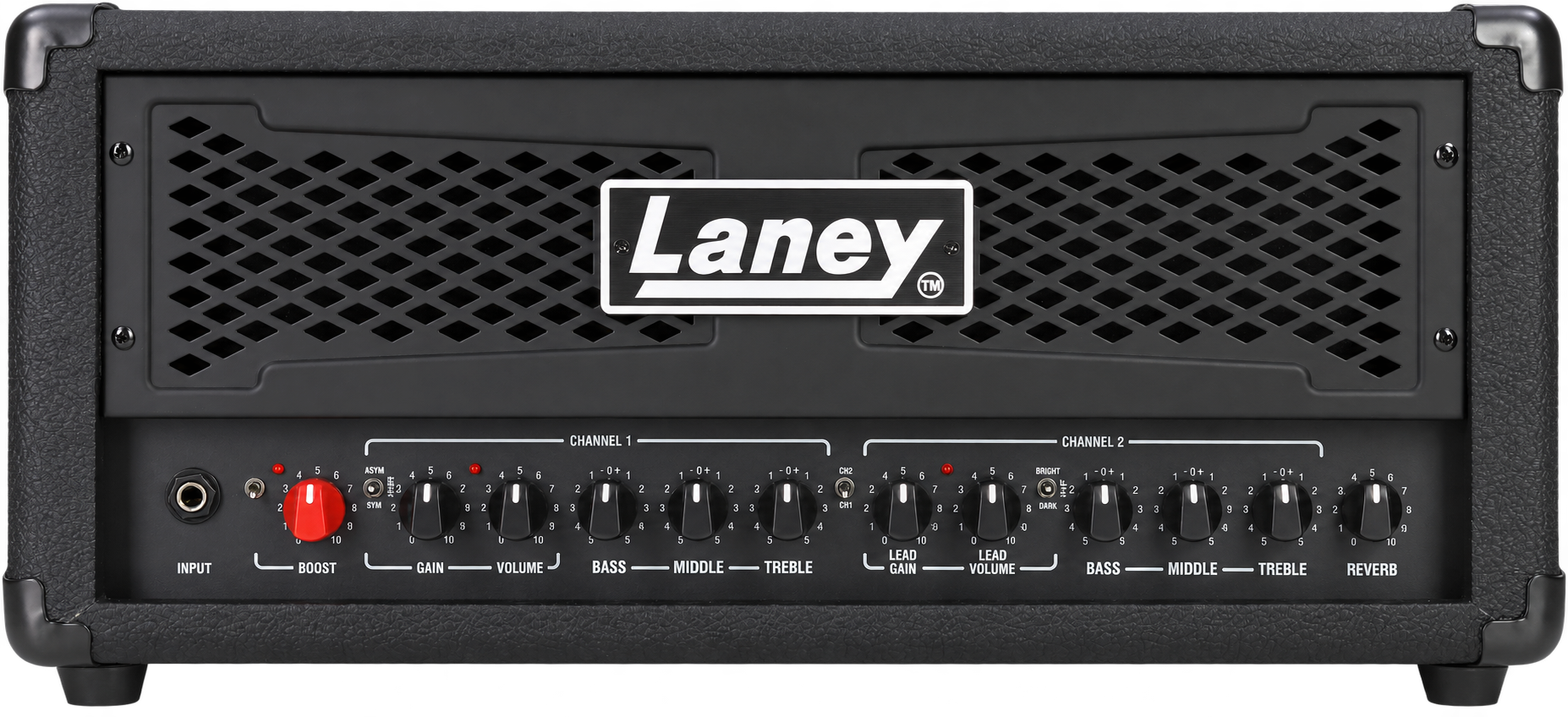 A black Laney guitar amplifier head with control knobs, switches, input jack, and two channels labeled Chanel 1 and Chanel 2.