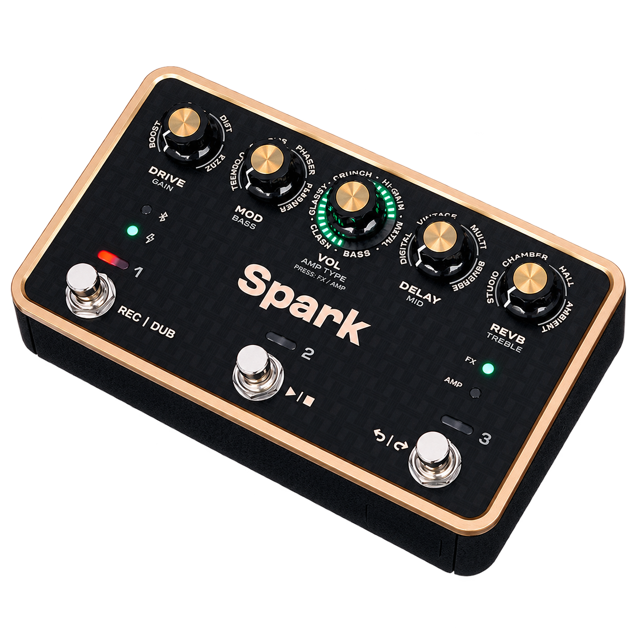 Black guitar effects pedal with gold knobs and multiple labeled controls, with the word 'Spark' in the center.