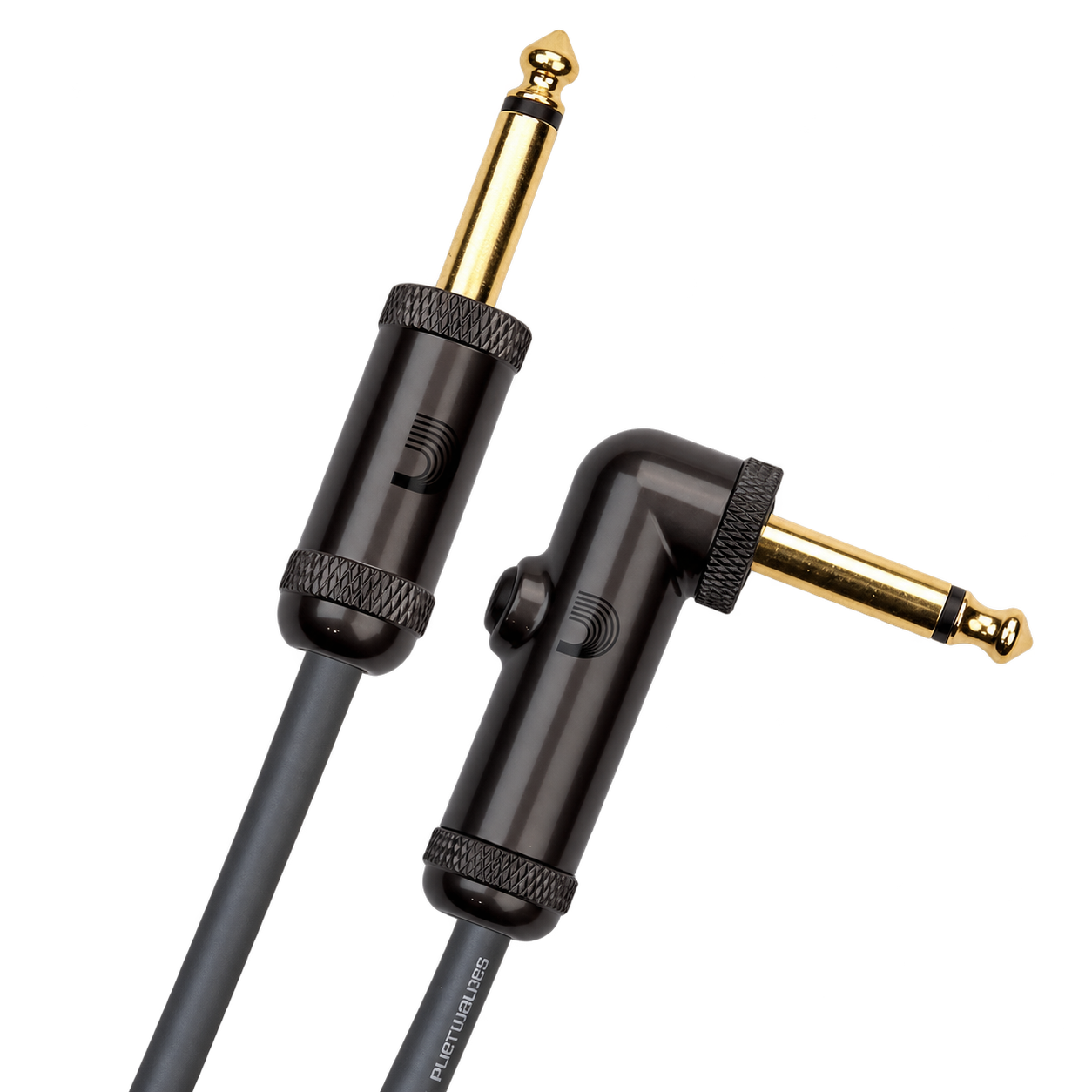 Two audio cables with black connectors and gold-plated 1/4 inch (6.35 mm) plugs, isolated on black background.