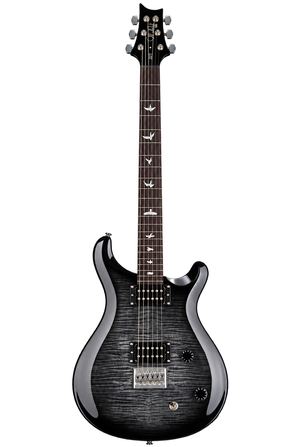 Black electric guitar with bird-shaped inlays on the fretboard, silver hardware, and a textured wood grain finish.