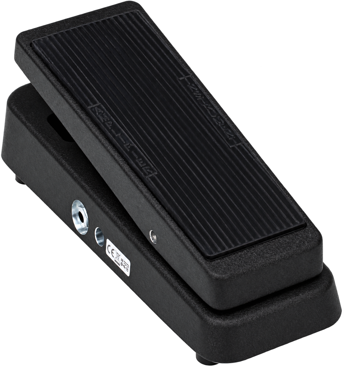 A guitar effects pedal with a black textured surface, a large black footswitch, and a small white CE certification label on the side.