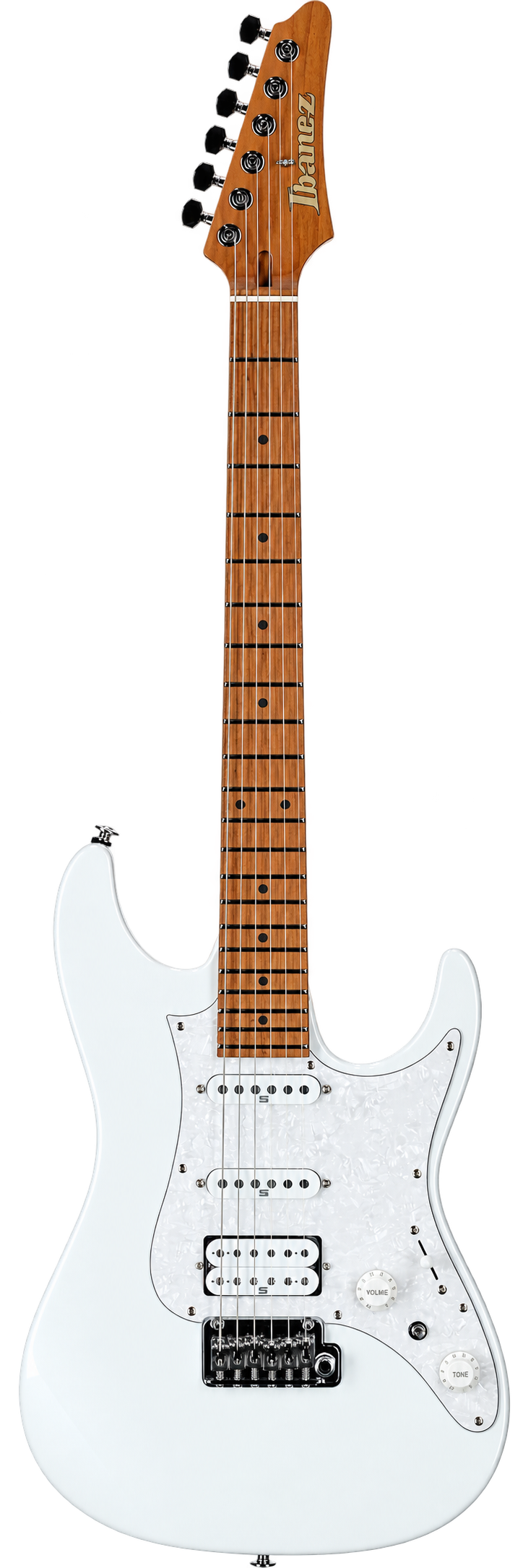 White electric guitar with a wooden neck, black tuning pegs, and a label that reads "Ibanez" on the headstock.