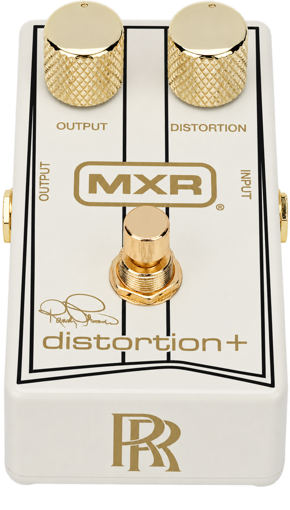 A gold-colored MXR Distortion+ guitar effects pedal with two gold control knobs, a central footswitch, and various labels including 'OUTPUT', 'DISTORTION', and 'INPUT'. The pedal has a white background with black and gold accents.